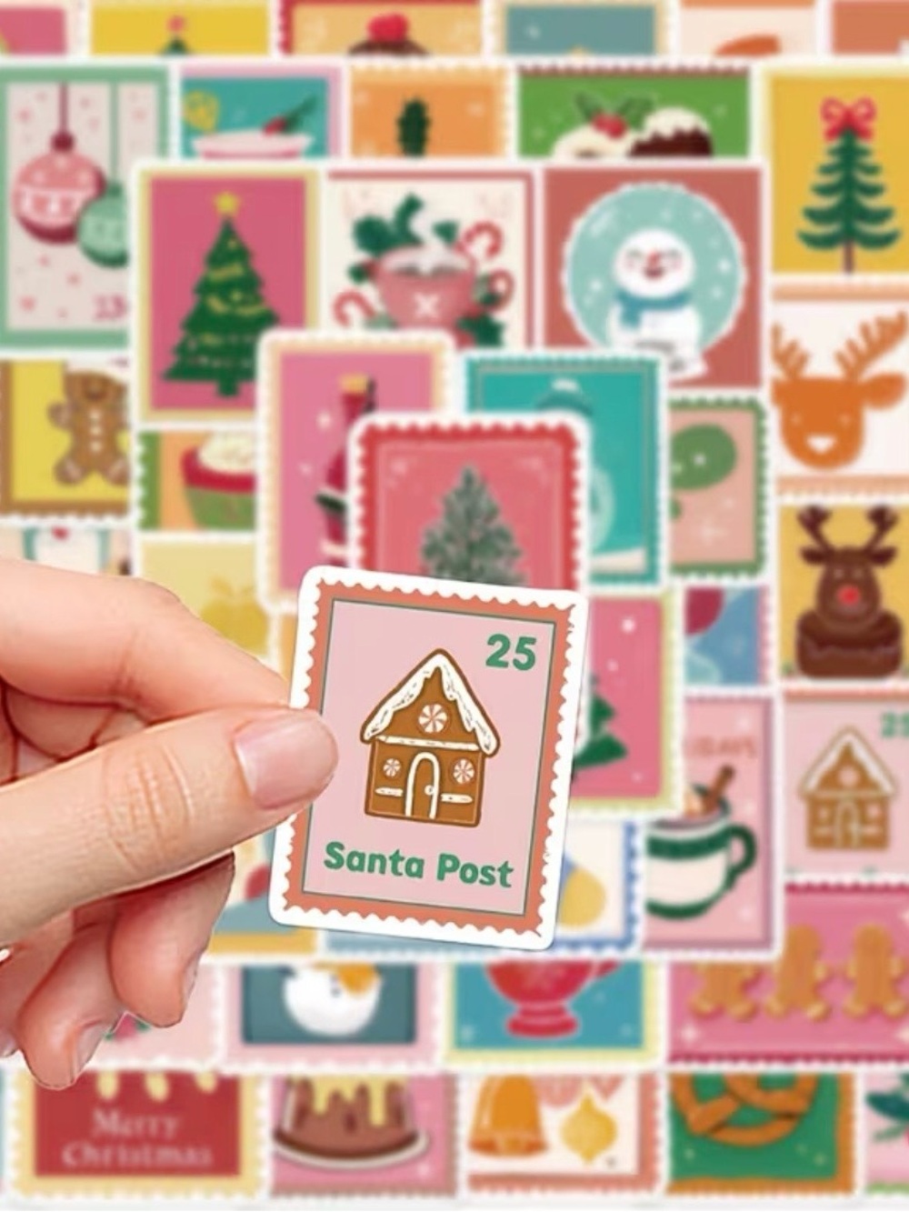 50 Christmas Iridescent Stickers Stamp Style Trees Reindeer Gingerbread Snowman - Picture 6 of 16